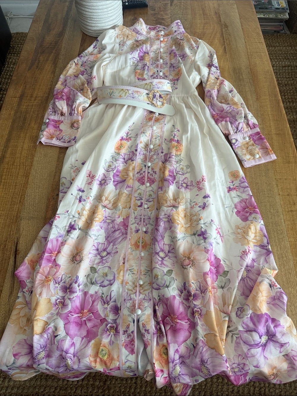 Women's Floral Button-Front Midi Dress in Cream with Purple & Peach Flowers